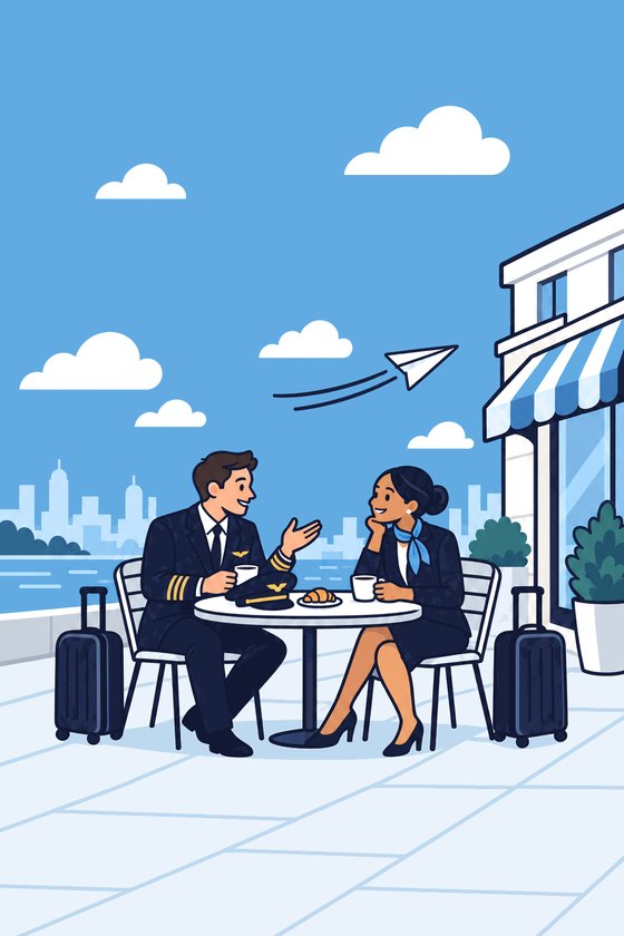 Illustration: a pilot and a flight attendant on a layover, talking over coffee at a sidewalk café table, their rollaboards beside them and a paper plane in the sky