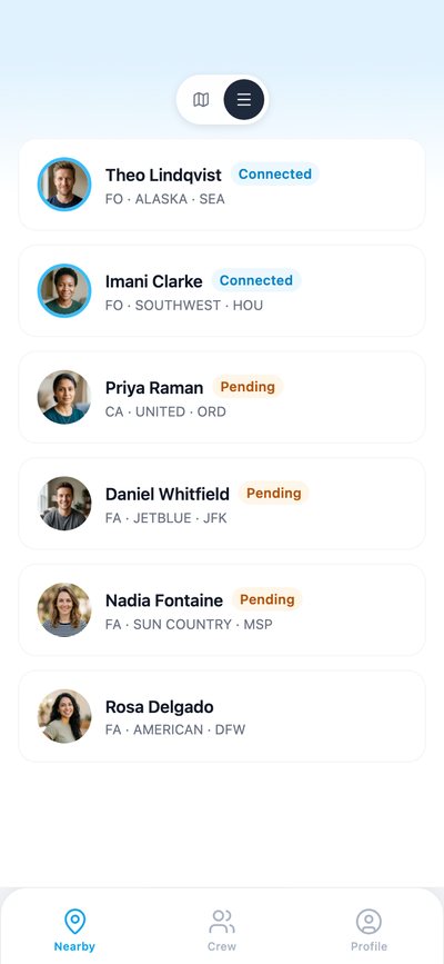The Nearby list in FlyFriends: Theo and Imani connected, Priya, Daniel and Nadia pending, and Rosa