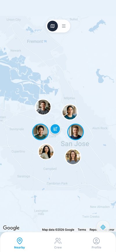 The Nearby map in FlyFriends: crew photos pinned around San Jose, with Nearby, Crew and Profile tabs
